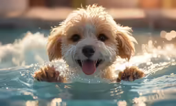 a dog swims in the water on his back