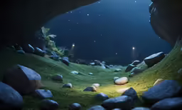 a group of rocks and grass covered field under an underwater light