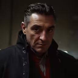 the man is in a dark jacket staring off into the distance