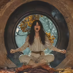 an alien woman with long hair, white shirt and white pants sitting in a circle
