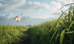 a grass - covered field has a long, thin feathered stick in the foreground with a mountain range in the distance