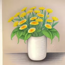 a colored drawing of yellow flowers in a vase