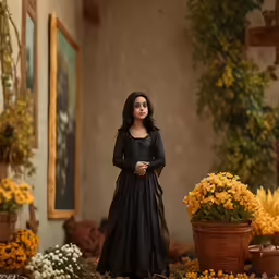 woman in black dress standing next to flowers