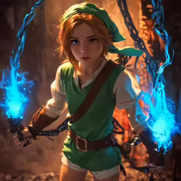 an anime woman holding fire with blue flames around her