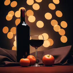 an apple and a glass with wine sitting next to it