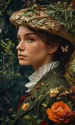 a woman with a flower on her hat, wearing a green coat