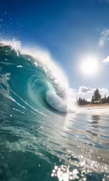 a wave in the water with bright sun reflecting