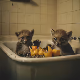 two baby foxes are in the bathtub surrounded by fruits