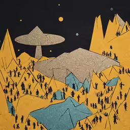 the painting is made with acrylic paint and features people near mountains and mushrooms