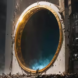 a door in an old ship with a gold circular window