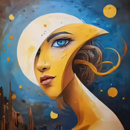 a painting of a woman in a hat that has an image of a sun above it