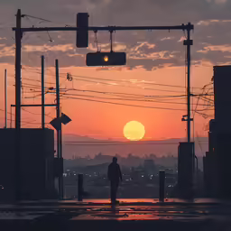 the man standing by the stop light looks into the distance