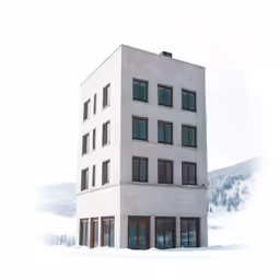 a snow covered building in the midst of snowy trees