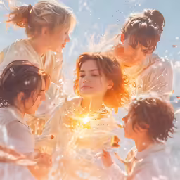 a group of girls are photographed in the sky with a white background