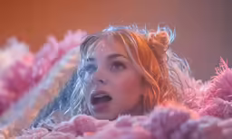 a woman is standing in a pink and white blanket