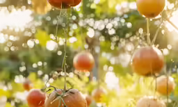 tomatoes and leaves growing on the tree branch