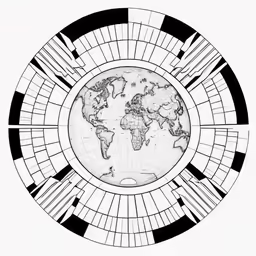 an image of a black and white world map in a circle