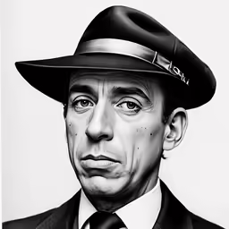 an artistic drawing of a man with a hat and tie