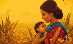 a woman holds her baby while standing on a lush green field