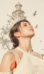 a woman in white has her eyes closed and she is looking up