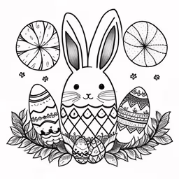 an adult coloring page featuring a large bunny with three decorated eggs and flowers,the outline drawing of an easter bunny with two eggs,the bunny with three eggs, two candies, and an orange slice,the bunny and egg coloring pages are in black and white,a cartoon rabbit in a basket with easter eggs