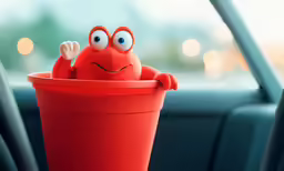 a little red object sitting inside of a car