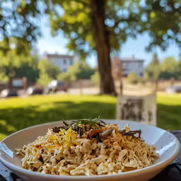 a big bowl full of rice that is next to a tree