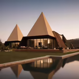 pyramid shaped house with pool in the yard
