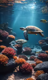 an underwater view of the ocean with corals and sea animals
