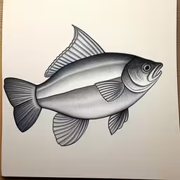 an ink drawing of a fish on paper,fish ink drawing on paper of a large fish