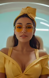 a woman sitting down in a chair wearing some yellow sunglasses