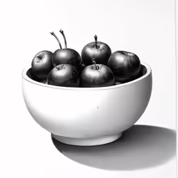black and white photograph of apples in a bowl