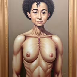 a naked woman that has very small breasts,a painting that has an artistic picture of a naked woman