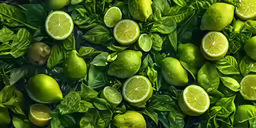 there are lots of lemons with leaves on them