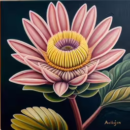 a painting of pink and yellow lotus in a green frame,an oil painting of a pink flower on black