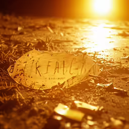 a cracked bottle sitting on top of dry grass