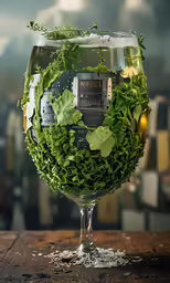 the inside of an unlit glass with plants and old computer parts in it