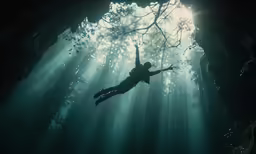 a woman floating in a forest while holding on to trees