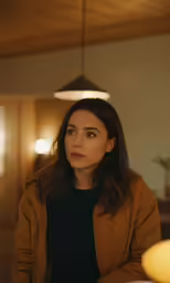 woman in brown jacket looking away from camera