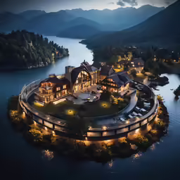 a large home sits on top of an island in the middle of a lake