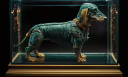 a dog is dressed in a costume on display