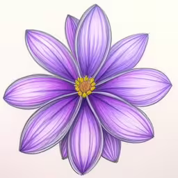 a flower that is purple and yellow with some water drops,a drawing of a purple flower with long petals,a large purple flower with yellow center sitting on a white surface,this is a drawing of a purple flower,a drawing of a purple flower