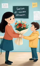 a boy presents a woman flowers to him in front of a sign