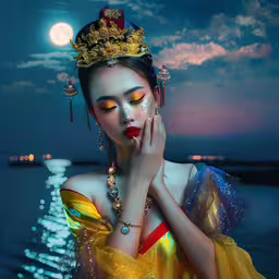 a pretty young woman in a brightly colored dress and jewelry,an asian woman in her makeup and some water
