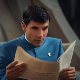 a man in a suit looking at an open magazine