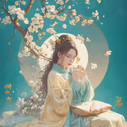 a woman sitting on a rock in a blue dress with a cherry blossom around her neck and holding a small object near her head