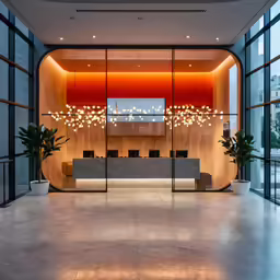 the interior of a modern glass walled office with lighting