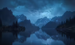 mountains and trees reflect in the calm water