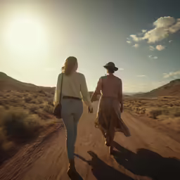 two women are walking down the road holding hands