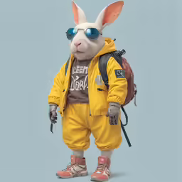 a large rabbit with sunglasses and a backpack